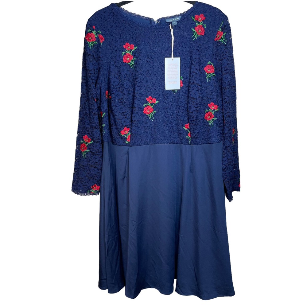 ModCloth Ready To Bloom Size 22 A-Line Navy Lace Floral Embroidered Long Sleeve‎